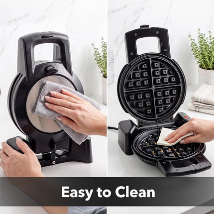 Ovente Electric Waffle Maker 1000W Power with Nonstick Plates and 180 Rotating Flip Function, Perfect for Cooking Belgian Waffles and Breakfast, Portable and Compact Design, Black WMF1440BR