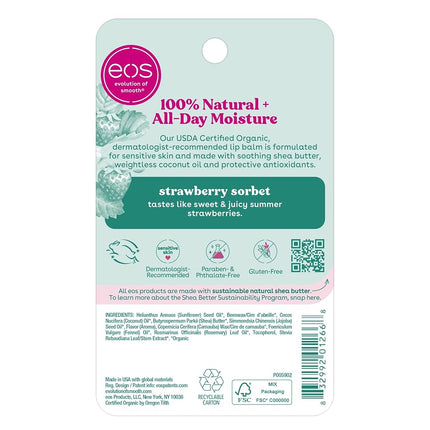 eos & Organic Lip Balm Sticks - Strawberry Sorbet, All Natural Lip Balm, All-Day Moisture, Dermatologist Recommended, 0.14 oz, 2-Pack