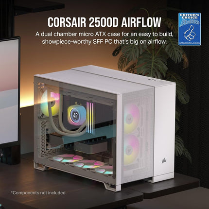 CORSAIR 2500D AIRFLOW Small-Tower mATX Dual Chamber PC Case – Tempered Glass – Reverse Connection Motherboard Compatible – No Fans Included – White