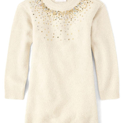 The Children's Place Girls' Long Sleeve Sweater Dress, Beaded White Daisy, X-Small