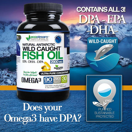 ecostream Naturals Wild Caught Omega 3 Fish Oil DPA-EPA-DHA Supplement 2,900 Milligrams - Now with Even More DPA-EPA-DHA