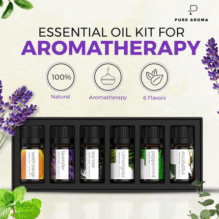 PURE AROMA Essential Oils by 100% Pure Therapeutic Grade Oils kit- Top 6 Aromatherapy Oils Gift Set-6 Pack, 10ML(Eucalyptus, Lavender, Lemon Grass, Orange, Peppermint, Tea Tree)