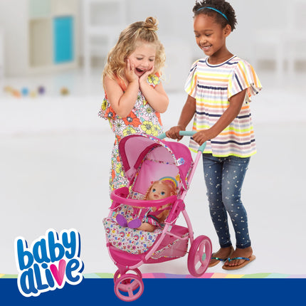 Baby Alive: Cochecito para muñecas – Rosa y arcoíris – Se adapta a muñecas de hasta 61 cm, capota retráctil, barra de seguridad delantera, ruedas giratorias, arnés de seguridad, juego de imitación para niños a partir de 3 años