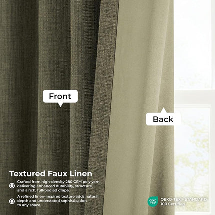 HPD Half Price Drapes Faux Linen Room Darkening Curtains - 84 Inches Long Luxury Linen Curtains for Bedroom & Living Room (1 Panel), 50W X 84L, Khaki Green