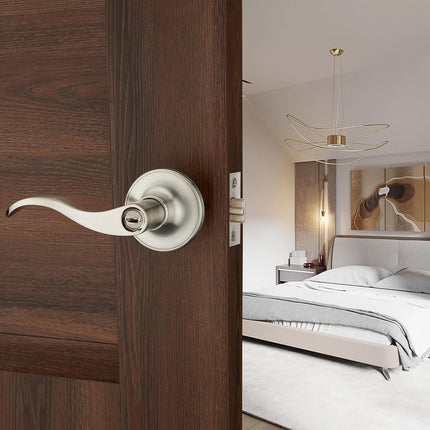 1 Pack of HENYIN Wave Lever Door Lock/Door Knob Hardware Handle and Closet Lockset, Silver Color, Bathroom Version Without Key,Left Hand (805SN-L-Bk)