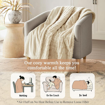 Beautyrest Heated Blanket, Eletric Throw Blanket, Soft, Warm, Reversible Faux Fur - Mink Oversized Heating Blanket Throw, 3 Heat Settings, 2 hr Auto Shut Off, Machine Washable, 50x70 Ivory Texture