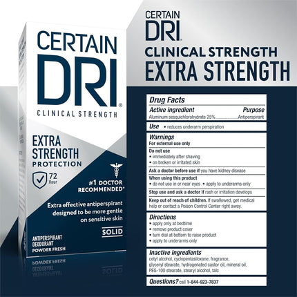 Certain Dri Extra Strength Clinical Antiperspirant Solid – Maximum Sweat & Odor Protection for Men & Women, 72HR Hyperhidrosis Treatment with 12% Aluminum Chloride, Powder Fresh Scent, (1.7oz, 3 Pack)