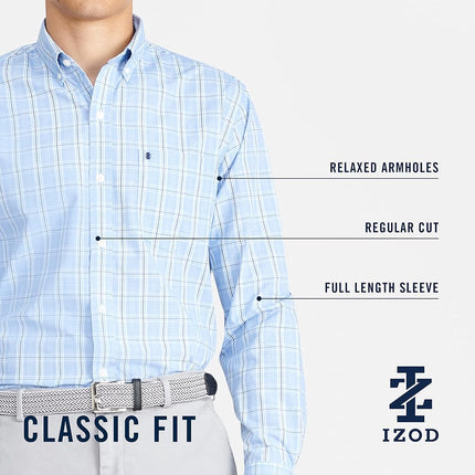Izod Men's Performance Comfort Long Sleeve Plaid Button Down, Estate Blue, XXL