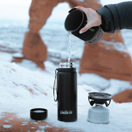 25 oz Multi-Function Travel Mug and Tumbler | Tea Infuser Water Bottle | Fruit Infused Flask | Hot & Cold Double Wall Stainless Steel Coffee Thermos | by Here & Now Supply Co. Zen Black