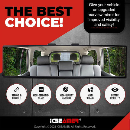14.2" ICBEAMER Clip On Rear View Mirror | Flat Clear Tint, Panoramic Wide Angle HD Glass, Anti Glare, Universal Fit for Car, SUV, Truck | Eliminates Blind Spots (1 Pack)