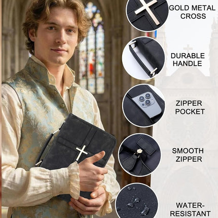 Vegan Leather Bible Cover for Men & Women, Bible Case with Gift Box, Christian Catholic Religious Bible Gifts (Black)