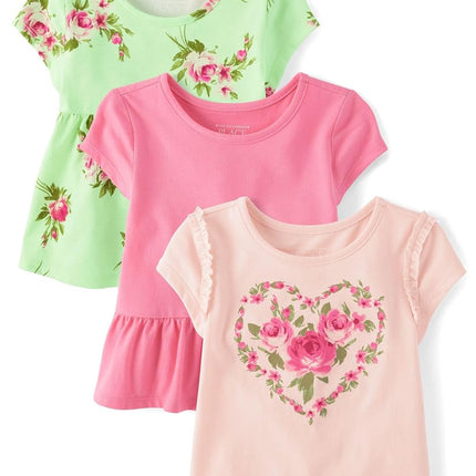 The Children's Place Baby Girls' and Toddler Short Sleeve Everyday Casual Knit Shirt, Green Glow 3-Pack, 12-18 Months