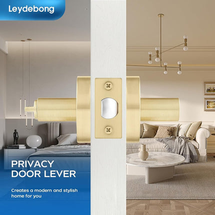 Leydebong 3 Pack Round Door Lever Privacy Door Lock Handle Keyless Lockset Door Knobs Bedroom Bathroom No Key in Gold