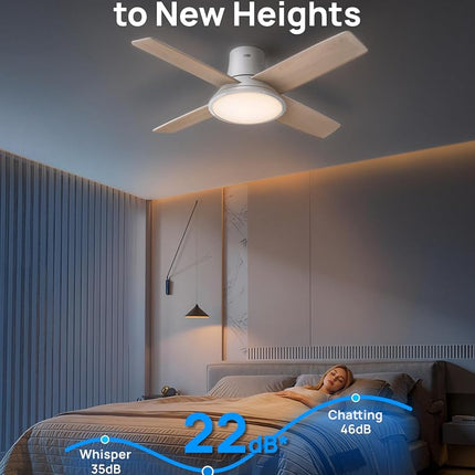 Dreo Ceiling Fans with Lights, 12 Speeds & 3 Fan Modes, Quiet DC Motor, Low Profile Easy to Install, Flush Mount Smart Ceiling Fan with Dimmable LED, 12H Timer for Bedroom, Remote, White, 44''