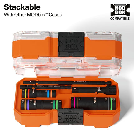 Klein Tools 653MQS KNECT Impact-Rated Quad Socket Set, 12 Sizes in 3 Flip Socket Drivers, 4-In-1 Color Coded Heavy-Duty Multi-Tool, 1/4 and 3/8-Inch Drive, MODbox Storage Case