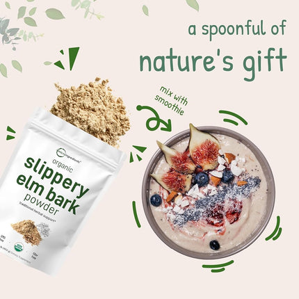 Sustainably US Grown Organic Slippery Elm Bark Powder, 1 Pound, Helps Soothe The Throat and Coughing, No Irradiated, No Contaminated, No GMOs and Vegan Friendly