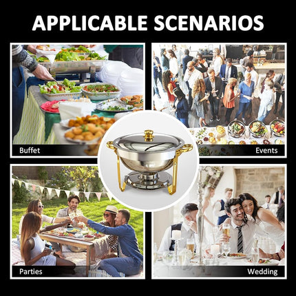Réchauds de Buffet, Lot de 4 Réchauds Ronds de 4,7 L [Couleurs Or et Argent Élégantes] Serveurs et Chauffe-plats en Acier Inoxydable pour Traiteur Événements Fêtes Dîners avec Kit Complet