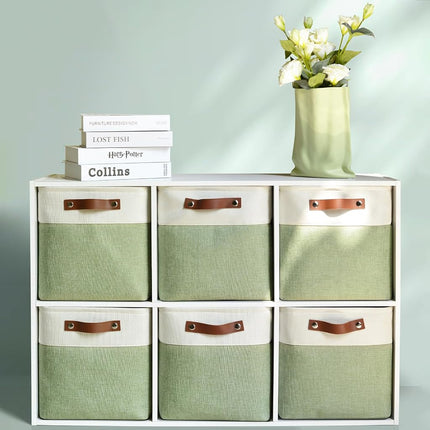 Patvingot Fabric Storage Cubes with PU Handles(White/Green, 28cm-6Pack)