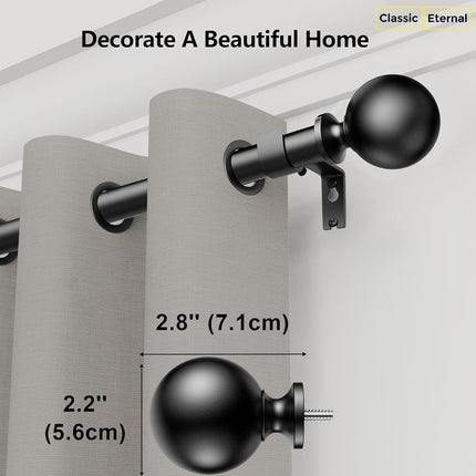 Curtain Rods 235 cm for Window 213 cm, Adjustable Length Heavy Duty Diameter 2.2 cm, Ball Finials Black