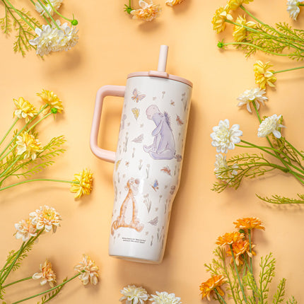 Zak Designs Disney Winnie The Pooh Sutton Travel Tumbler for On The Go, 30oz Stainless Steel with Vacuum Insulation, Silicone Straw, and Carry Handle for Cold Drinks (Pooh and Friends)