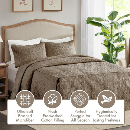 Madison Park Quebec Classic Traditional Design All Season Quilted Split Corner Bedspread Coverlet Lightweight Matching Shams, Queen(60"x80"+24"), Damask Quilted Khaki 3