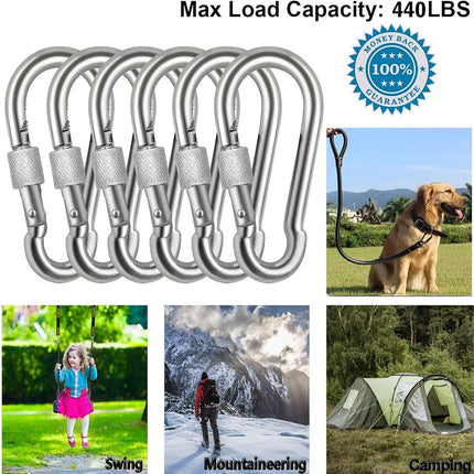 Acquwistach Locking Carabiner Clips 6 Pack 3.15" Stainless Steel Spring Snap Hook Locking Carabiner Heavy Duty - 304 Premium Stainless Steel Thumb Screw Carabiner Clip