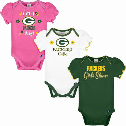 NFL Green Bay Packers Girls 20183 Pack Bodysuit, Pink, 0-3 Months