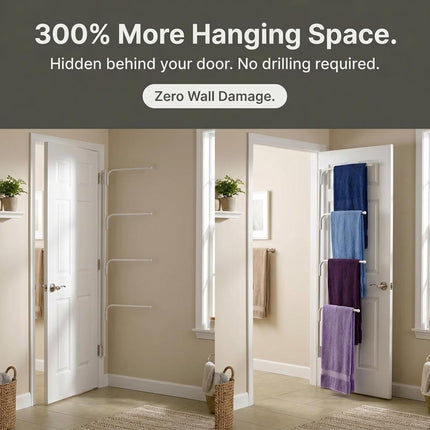Household Essentials H12001 Hinge It Clutterbuster Four Bar Hanging Valet | Behind The Door Clothing and Towel Rack | White