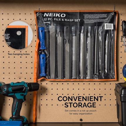 NEIKO 12 Piece Metal File and Rasp Set | 10, 8, and 6 Inch Extra Slim Flat, Half, Mill, and Round Files | Non Slip PVC Blue Handles, Heat Treated Carbon Steel