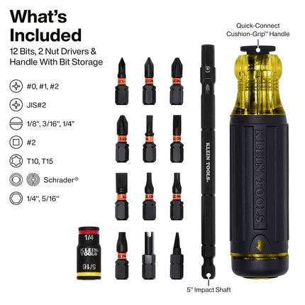 Klein Tools 32304 Screwdriver, 14-in-1 Adjustable Screwdriver with Flip Socket, HVAC Nut Drivers and Bits, Impact Rated