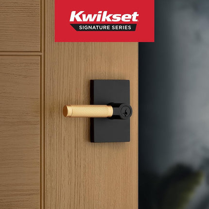 Kwikset Prava Entry Door Handle with Lock and Key, Secure Keyed Reversible Lever Exterior, for Front Entrance and Bedrooms, Matte Black and Satin Brass, Pick Resistant Smartkey Security and Microban