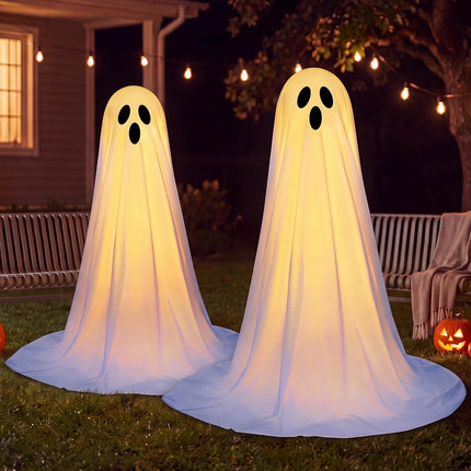 JOYIN 2 Pack 50'' Halloween Decorations Outdoor Light Up Ghost, Standing Ghost Halloween Decor with Warm String Light for Yard Porch Lawn Garden Party Supplies