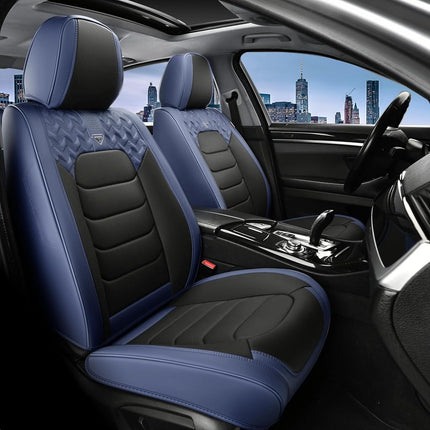 FLORICH Housses de siège complètes, housses de siège en cuir, housses de siège avant et arrière 5 places, accessoires de protection de coussin de siège de voiture étanches pour berline, SUV, pick-up (Bleu et noir, ensemble complet)