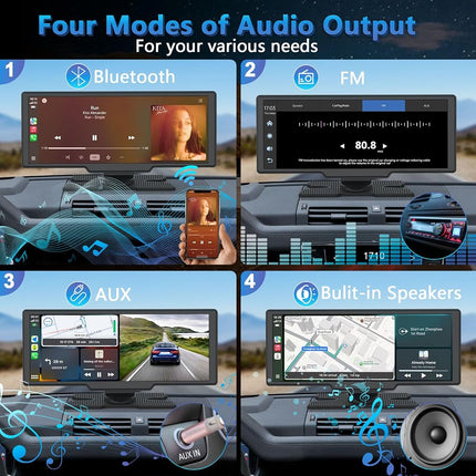 Portable Wireless Carplay Screen with Dashcam - Lehwey 10.26 Inch Car Play Tablet with 4K Front Dash Cam & 1080P Rearview Backup Camera, Bluetooth 5.0, FM, Voice Assistant, with 64GB TF Card