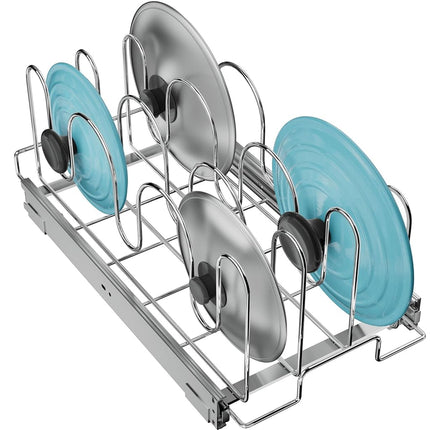 RITSU Slide Out Pan and Pot Lid Organizer for Cabinet, Kitchen Pull Out Pot Lid Rack Pantry Cutting Board Bakeware Cookware Holder - 11in. W x 21in. D - Chrome