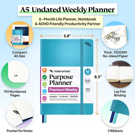 Purpose Planner Notebook A5 5.8”x8.3” Undated Daily Planner 2024-2025 Daily Weekly and Monthly Productivity Goal Setting Tool for Work Home ADHD Planner for Adults Self Care Journal (Teal Softcover)