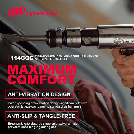 Ingersoll Rand 114GQC Air Hammer - 3 PC Chisel Set with Tapered Punch, Panel Cutter, Flat Chisel, 2-5/8 Inch stroke, 3500 BPM, Lightweight, Compact, Gray