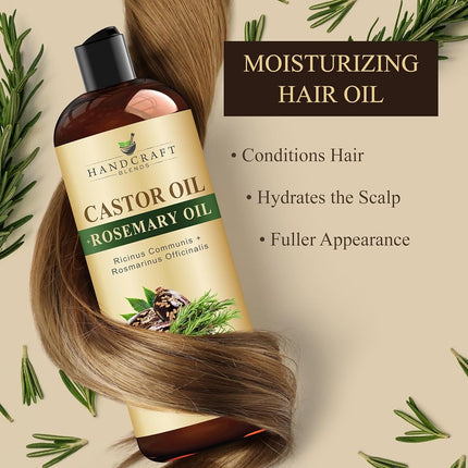 Handcraft Blends Castor Oil with Rosemary Oil - 8 Fl Oz - 100% Pure and Natural - Premium Grade Oil for Hair Growth, Eyelashes and Eyebrows - Carrier Oil - Hair and Body Oil
