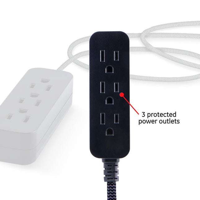 GE 3-Outlet Power Strip Surge Protector, 8 Ft Braided Cord, Black, 250 Joules, UL Listed