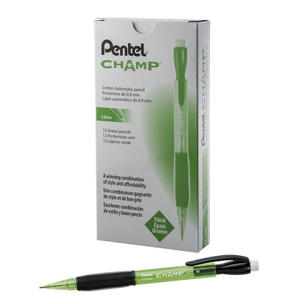 Lápiz mecánico Pentel CHAMP, (0.9mm), cuerpo verde lima translúcido, caja de 12 (AL19K)
