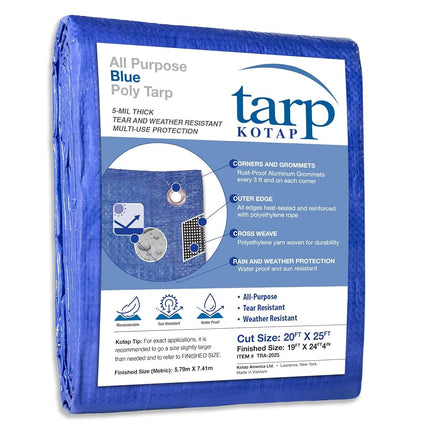 Kotap 20 x 25 Ft. All-Purpose Multi-Use Protection/Coverage 5-mil Poly Tarp, Waterproof, Blue, (TRA-2025)