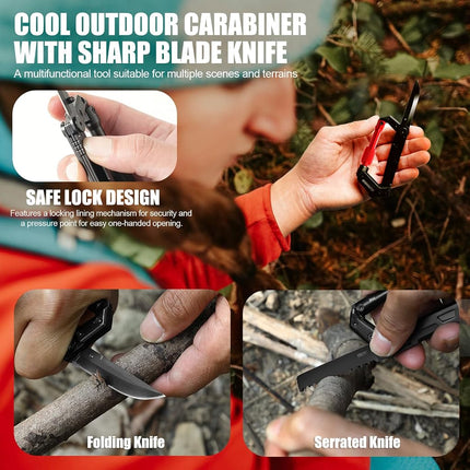 Carabiner Multitool 8-in-1 EDC Carabiners Pocket Knife, Serrated Knife, Rope Cutter, Screwdriver, Can Bottle Opener, Ruler, Survival Gear for Camping Climbing(Red)