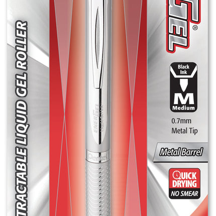 Bolígrafo de gel Pentel EnerGel Alloy RT, punta metálica mediana, cuerpo plateado, tinta negra, 1 unidad (BL407BP)