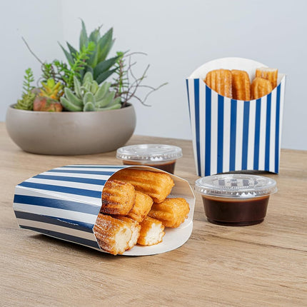 Restaurantware-Bio Tek 4.5 x 3.2 x 3.9 Inch French Fry Cup, 100 Disposable Snack Cups - Stackable, Sustainable, Blue and White Paper 3 Ounce Fry Holder, for Fries, Onion Rings, Popcorn, or Cookies