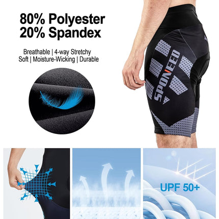 sponeed Short cycliste rembourré pour homme, pantalon de vélo, vêtements de cyclisme, collants, gris, taille M