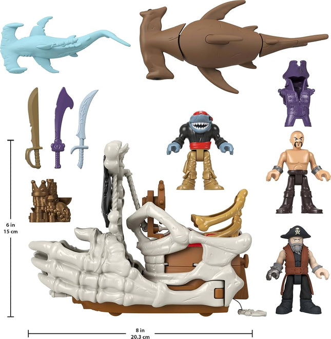 Fisher-Price Imaginext Billy Bones Pirate Ship Playset with Accessories 3 Action Figures & Toy Boat with Skeleton Hands and Launcher, 7 Accessories for Pirate Adventures