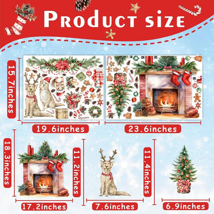 Christmas Wall Decals Merry Christmas Wall Stickers Fireplace Stickers Christmas Pine Tree Decals for Wall Removable Winter Animals Wall Art Decals for Christmas Party Supplies Living Room Home Decor