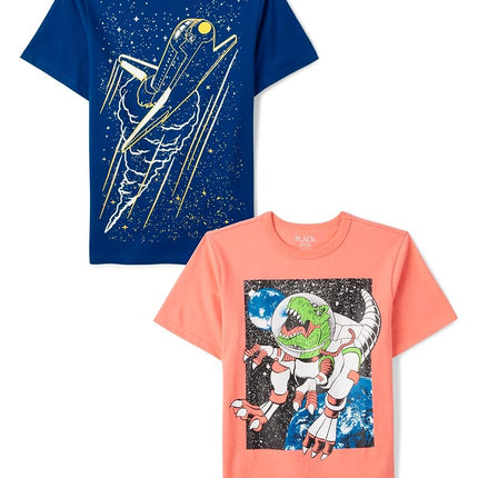 Camisetas gráficas de manga corta para niño The Children's Place Boys' Gamer, paquetes múltiples, Dinosaurio Astronauta/Nave Espacial, Talla XL