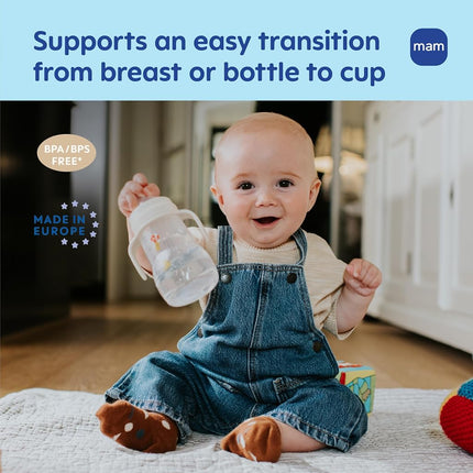 MAM Plastic Trainer Cup (1 Count), 8 oz. Trainer Drinking Cup with Extra-Soft Spout, Spill-Free Nipple, and Non-Slip Handles, for Girls 4+ Months, Designs May Vary