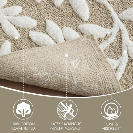 Madison Park Serene 100% Cotton Tufted Bathroom Rug - High & Low Tufting Floral Leaf Design, Quality Luxurious Plush Medium Pile Bath Mat Absorbent, Quick Dry, Shower Room D�cor, 21x34 Taupe